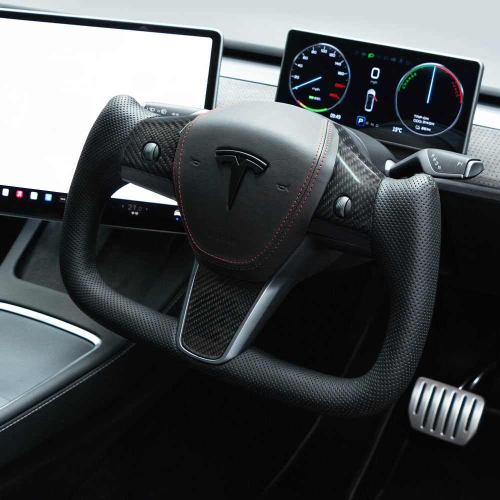 Yoke Perforated Leather & Carbon Steering Wheel for Tesla Model Y